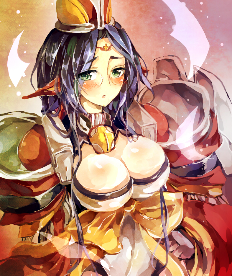 armor black_hair blush bodysuit bow breasts cleavage cleavage_cutout ear_covers elf female fuana glasses green_eyes haice_ice hat juana kyoukai_senjou_no_horizon large_breasts long_hair pantyhose pointy_ears solo