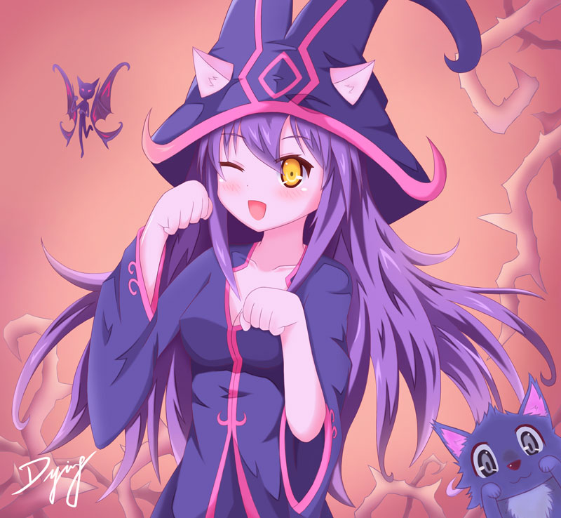 alternate_costume animal_ears blush breasts cleavage collarbone dying0414 fairy hat league_of_legends long_hair lulu_(league_of_legends) open_mouth paw_pose pink_skin pix purple_hair purple_skin solo wink witch_hat yellow_eyes