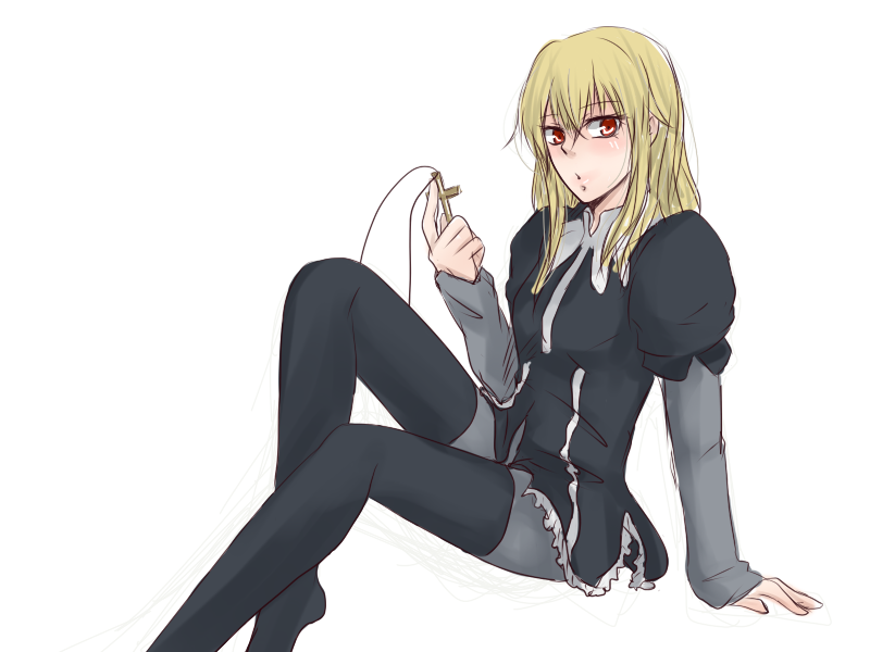 arm_support blonde_hair caren_hortensia caren_ortensia caren_ortensia_(cosplay) cosplay cross cross_necklace edge_(ens18) fate/hollow_ataraxia fate/protoreplica fate/stay_night fate_(series) genderswap gilgamesh long_hair pantyhose puffy_sleeves red_eyes sitting solo thigh-highs thighhighs