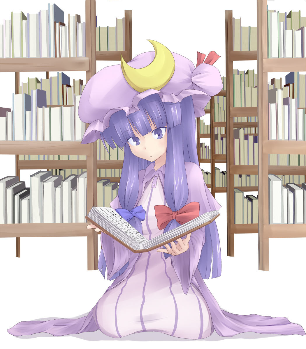 1girl bangs book bookshelf bow crescent crescent_moon hair_bow hat highres kneeling library long_hair patchouli_knowledge purple_eyes purple_hair ra-to reading solo touhou violet_eyes voile