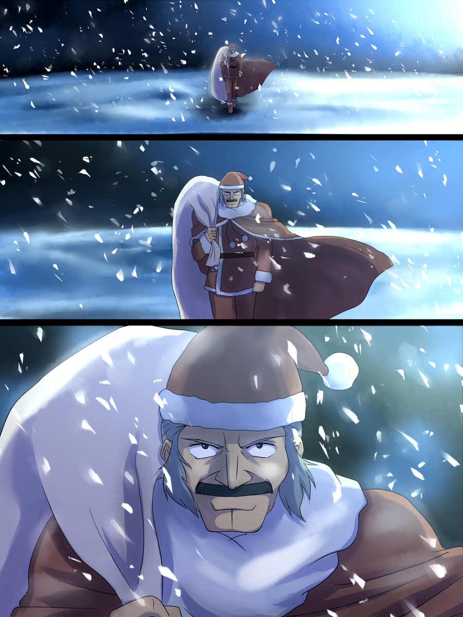 christmas epic facial_hair g_gundam gundam hat highres male manly master_asia migo mustache santa_costume snow