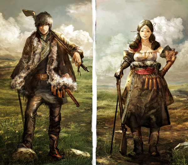 anesaki_dynamic belt fantasy female fur gun landscape male musket original