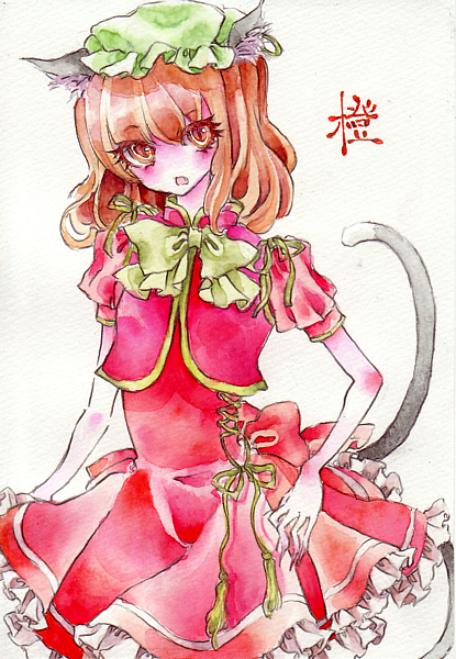 animal_ears brown_eyes brown_hair cat_ears cat_eyes chen claws colored_eyelashes dress earrings eyelashes fang fingernails frills hat jewelry long_fingernails long_nails miri multiple_tails nails no_nose open_mouth ribbon short_hair short_sleeves simple_background slit_pupils solo tail touhou traditional_media watercolor_(medium)