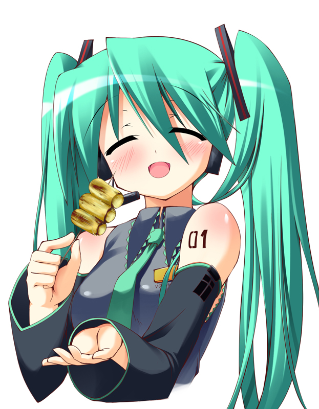 blush closed_eyes detached_sleeves eating hatsune_miku open_mouth surume_(pixiv3908) twintails vocaloid