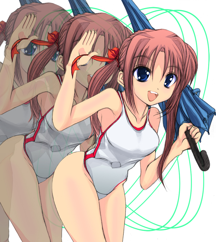 bad_id brown_hair leaning_forward long_hair one-piece_swimsuit original solo swimsuit twintails umbrella zoom_layer