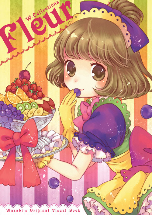 brown_eyes brown_hair cherry dress food fruit grapes holding holding_fruit orange short_hair strawberry wasabi_(artist) wasabi_(sekai)