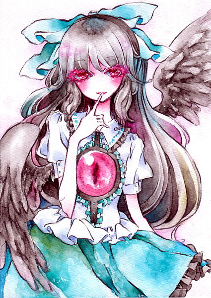 angel_wings colored_eyelashes dress eyelashes eyes finger_to_mouth frills glowing glowing_eyes hair_ribbon lipstick long_hair miri no_nose red_eyes reiuji_utsuho ribbon short_sleeves smile solo touhou traditional_media watercolor_(medium) wings