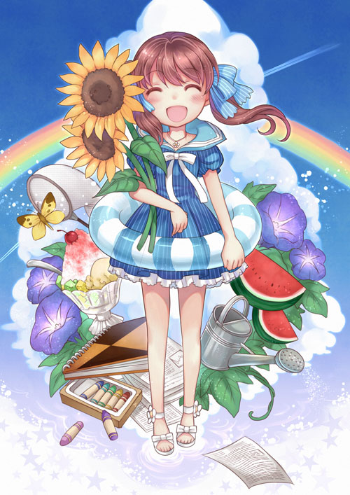 bad_id bow butterfly closed_eyes cloud clouds crayon flower food fruit hair_bow legs original rainbow sandals smile solo standing sunflower twintails wasabi_(artist) wasabi_(sekai) watering_can watermelon