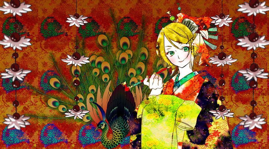 blonde_hair bow geisha green_eyes hair_bow japanese_clothes kagamine_rin kimono kiseru peacock pipe vocaloid yuhka