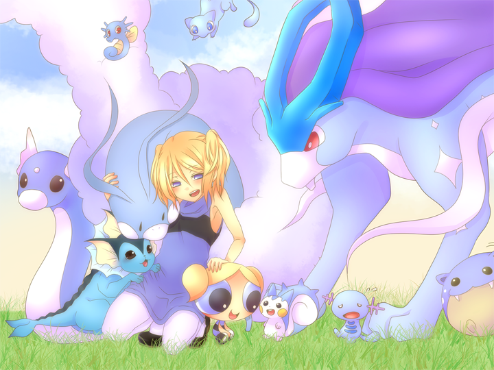 alternate_color blonde_hair blue blue_eyes bubbles_(ppg) chibi crossover dratini dual_persona grass horsea mew naughty_face open_mouth pachirisu pantyhose petting pokemon pokemon_(creature) pokemon_(game) pokemon_gsc powerpuff_girls red_eyes shiny shiny_pokemon shirayuki_touya sky spheal suicune vaporeon white_legwear white_pantyhose wooper