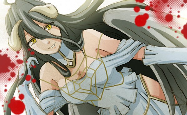 1girl ahoge albedo bare_shoulders black_hair black_wings breasts cleavage commentary_request demon_wings detached_collar dress feathered_wings gloves grin hair_between_eyes hair_tousle hip_vent horns k-ta long_hair looking_at_viewer low_wings medium_breasts overlord_(maruyama) slit_pupils smile solo white_dress white_gloves wings yellow_eyes
