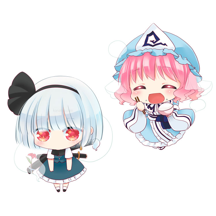 2girls ^_^ chibi chopsticks closed_eyes food food_on_face hair_ribbon hat katana ko_ru_ri konpaku_youmu konpaku_youmu_(ghost) multiple_girls open_mouth pink_hair red_eyes ribbon rice rice_bowl rice_on_face saigyouji_yuyuko short_hair silver_hair smile sword touhou triangular_headpiece weapon