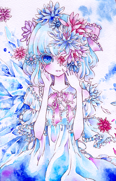 bare_shoulders blue_eyes blue_hair cirno colored_eyelashes dress eyelashes flower frills hair_ornament hair_ribbon ice lips lipstick miri no_nose ribbon short_hair short_sleeves solo touhou traditional_media watercolor_(medium) wide_sleeves wings