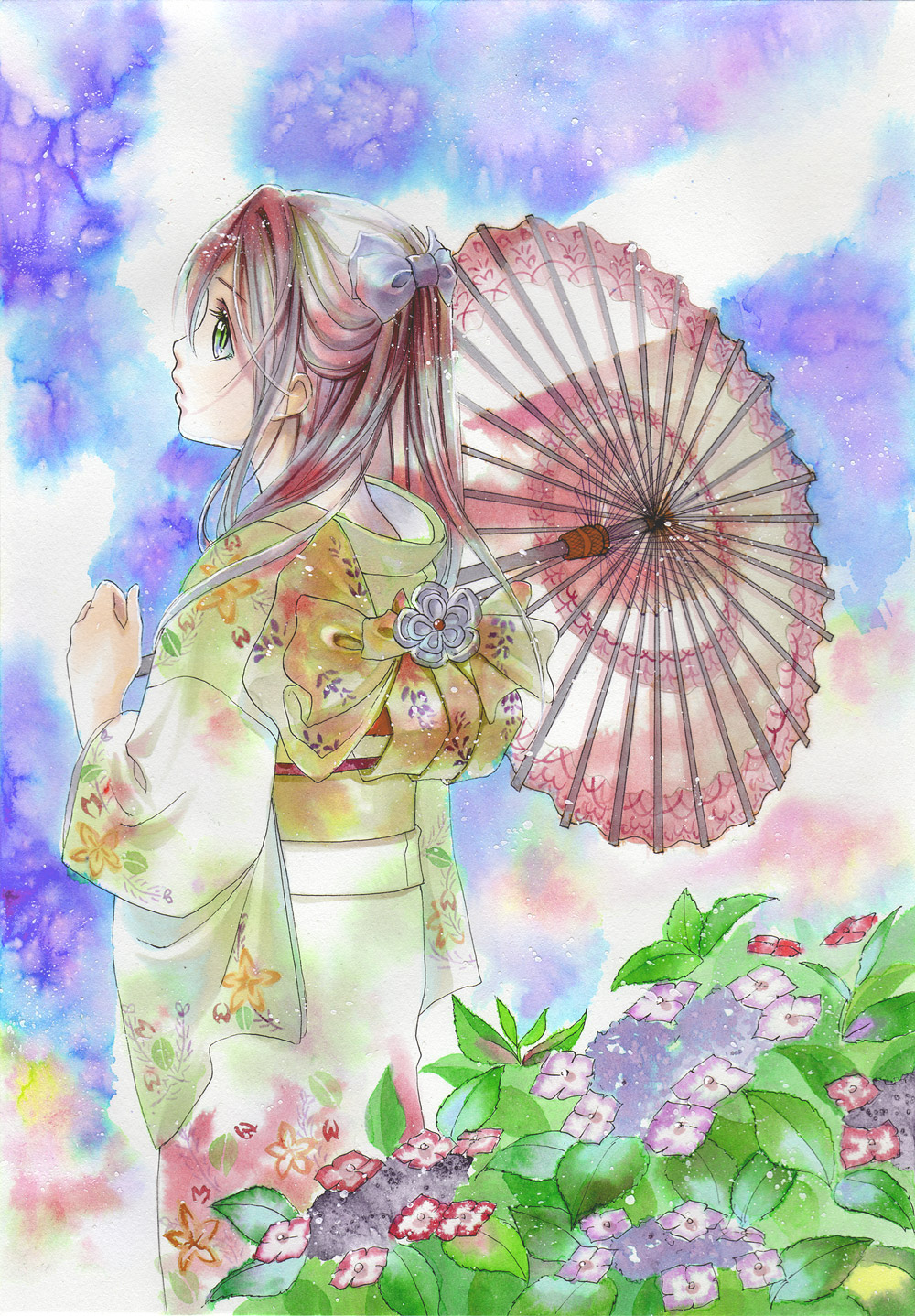 flower highres hydrangea japanese_clothes kimono oriental_umbrella original solo traditional_media umbrella yuhka