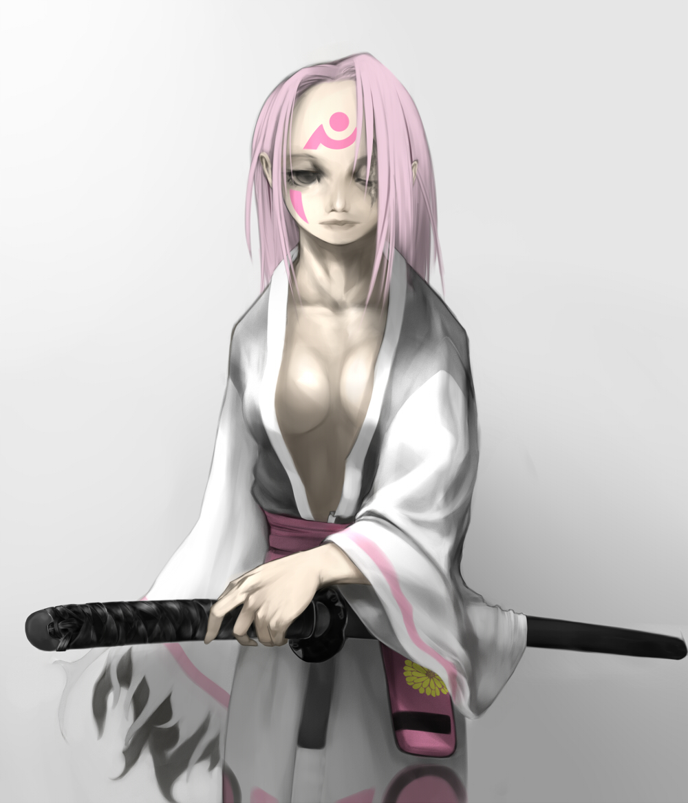 breasts breasts_apart cleavage empty_eyes expressionless guilty_gear japanese_clothes katana kimono lips one-eyed open_kimono pink_hair scar solo sword tattoo weapon yama