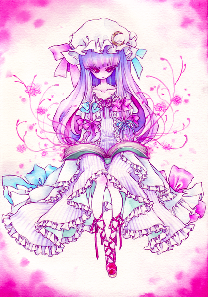 bow colored_eyelashes crescent crescent_moon dress eyelashes flower hair_bow hair_ribbon hat legs long_hair looking_up miri moon no_nose patchouli_knowledge purple_eyes purple_hair red_eyes ribbon shoes skinny smile solo touhou traditional_media violet_eyes watercolor_(medium)