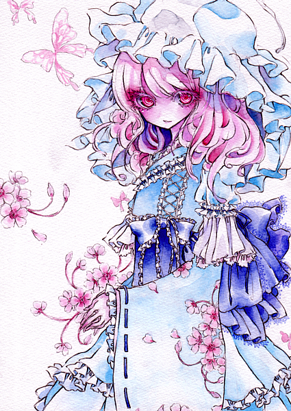 cherry_blossoms colored_eyelashes eyelashes flower frills hat long_sleeves miri no_nose petals pink_hair red_eyes ribbon saigyouji_yuyuko short_hair smile solo touhou traditional_media watercolor_(medium) wavy_hair wide_sleeves