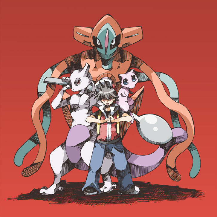 brown_hair chachi_(azuzu) clenched_hand deoxys hat mew mewtwo pokemon pokemon_special red_(pokemon) red_eyes spoon tora_ko