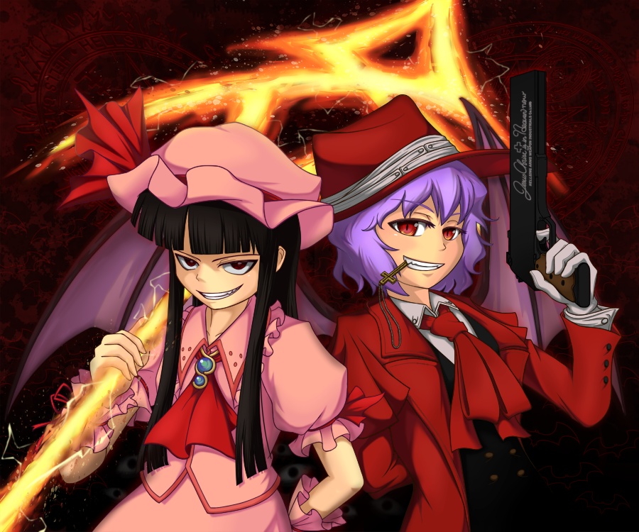 alucard_(hellsing) bat_wings black_hair cosplay costume_switch cross crossover genderswap girlycard gloves gun handgun hat hellsing hellsing:_the_dawn long_hair overcoat purple_hair red_eyes remilia_scarlet short_hair spear_the_gungnir touhou vampire weapon wings