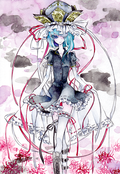 aqua_hair blue_eyes boots cloud clouds colored_eyelashes crossed_legs_(standing) curtsey dress eyelashes flower frills hair_over_one_eye leg_garter long_sleeves miri no_nose ribbon shikieiki_yamaxanadu short_hair smile solo spider_lily thigh-highs thighhighs touhou traditional_media watercolor_(medium) white_legwear white_thighhighs zettai_ryouiki