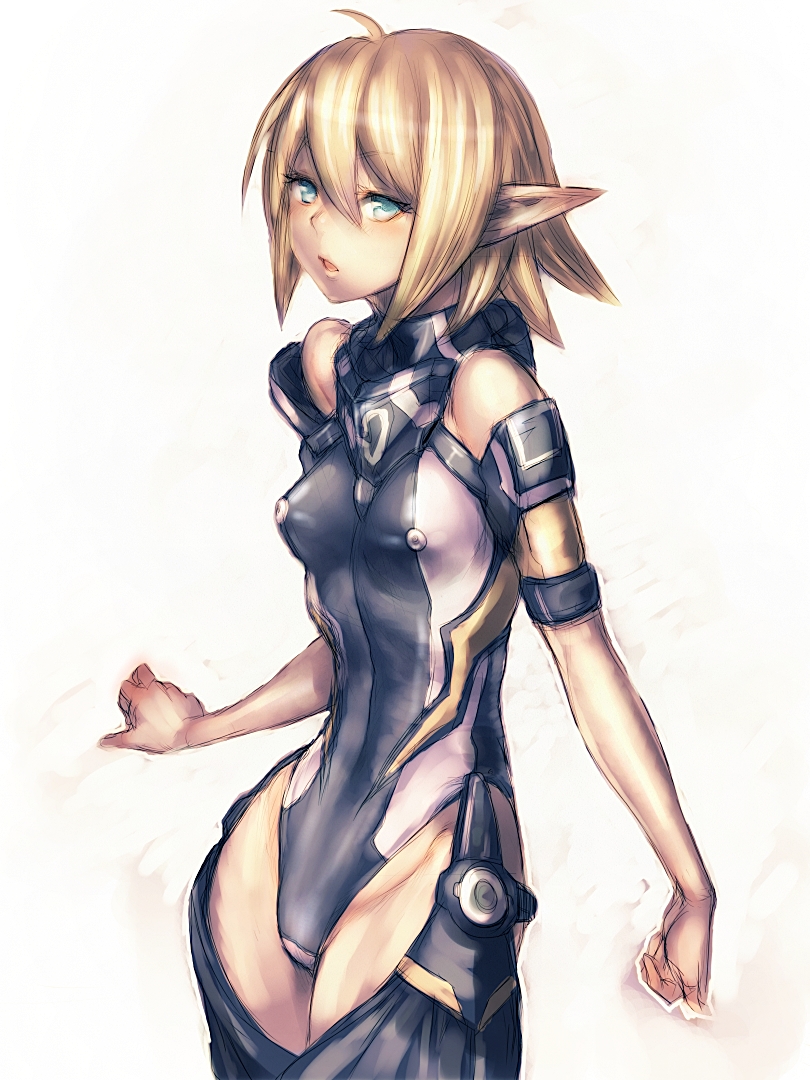 afin bare_shoulders blonde_hair blue_eyes erect_nipples fumio_(rsqkr) genderswap green_eyes humio leotard mound_of_venus parted_lips phantasy_star phantasy_star_online phantasy_star_online_2 pointy_ears rough short_hair solo tight