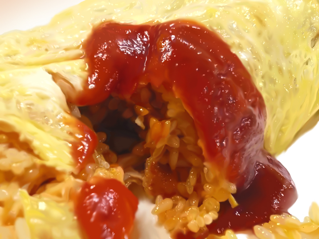 bad_id egg food granada ketchup no_humans omurice photorealistic rice still_life