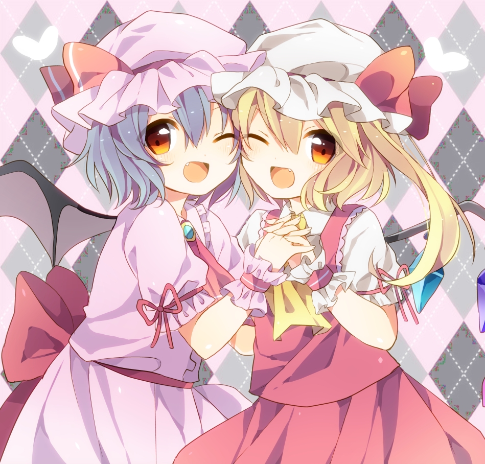 ;d argyle argyle_background ascot blonde_hair blue_hair fang flandre_scarlet hand_holding hat hat_ribbon holding_hands looking_at_viewer multiple_girls open_mouth poooka red_eyes remilia_scarlet ribbon skirt skirt_set smile touhou wings wink wrist_cuffs