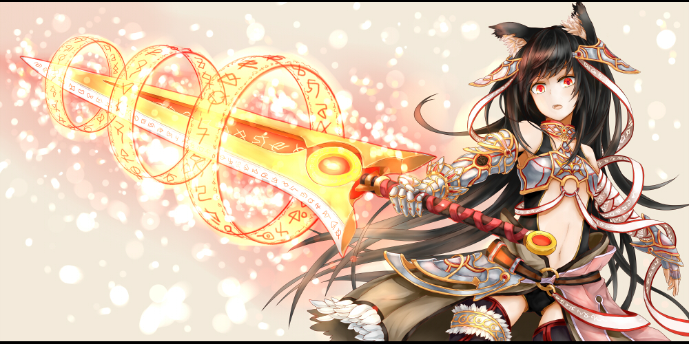 animal_ears armor azure_luna black_hair cat_ears grey_background long_hair looking_at_viewer magic_circle navel_cutout open_mouth original red_eyes ribbon simple_background solo standing sword thigh-highs thighhighs very_long_hair weapon
