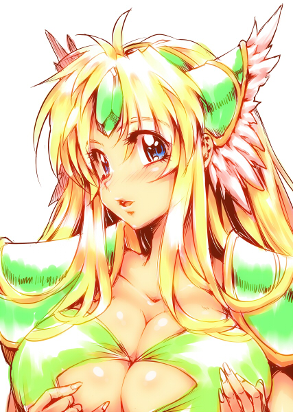 1girl blonde_hair blue_eyes breasts large_breasts long_hair looking_at_viewer riesz seiken_densetsu seiken_densetsu_3 simple_background solo white_background