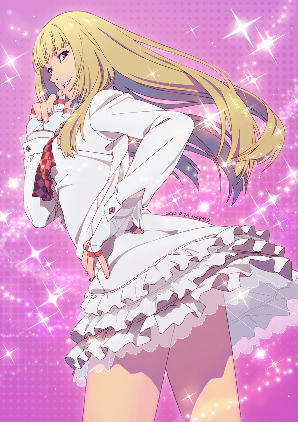 blonde_hair dated emilie_de_rochefort fingerless_gloves frilled_skirt gloves halftone halftone_background hand_on_hip highres long_hair shiwasu_takashi solo sparkle tekken tekken_6