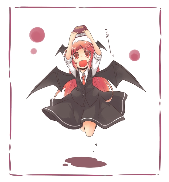arms_up bat_wings book dress_shirt fang frame head_wings jumping koa_(phrase) koakuma long_hair necktie open_mouth red_eyes red_hair redhead shirt skirt smile solo touhou translated very_long_hair vest viva!! wings