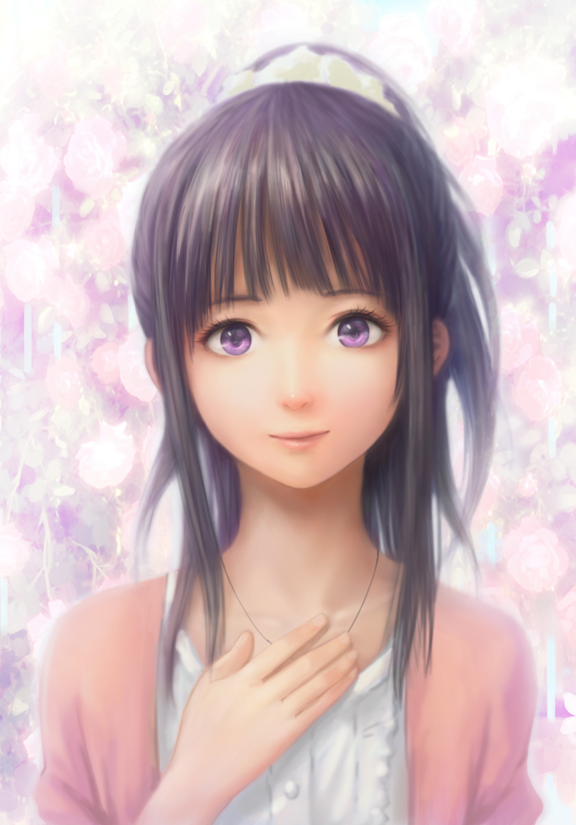 black_hair casual chitanda_eru highres hyouka long_hair ponytail purple_eyes realistic zhenlin