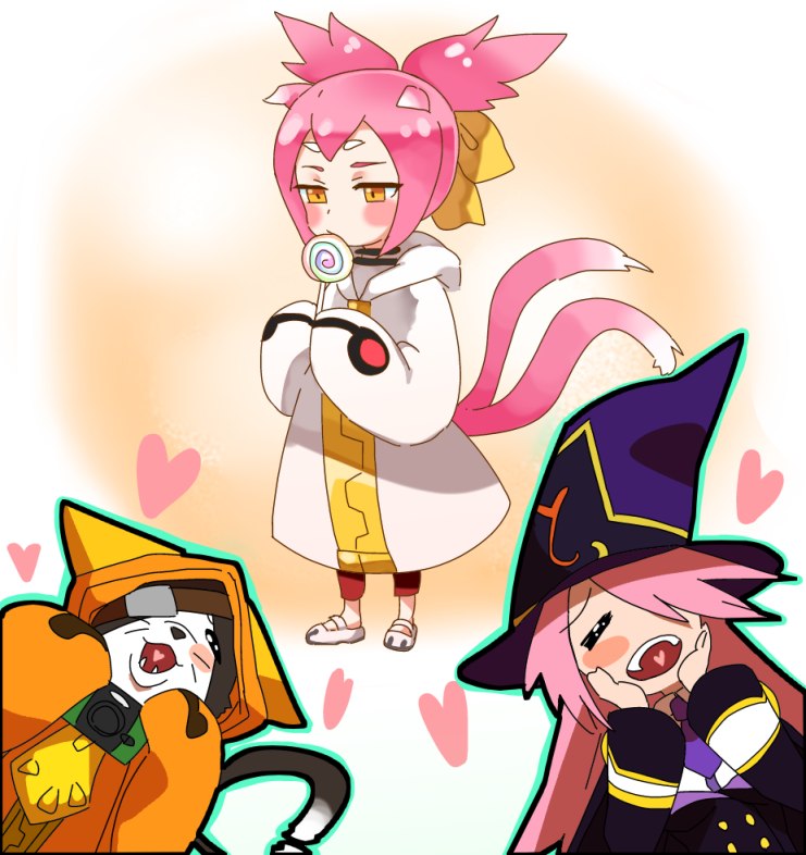 2girls animal_ears blazblue blush_stickers candy cat cat_ears cat_tail closed_eyes eyepatch eyes_closed family father_and_daughter hair_over_one_eye happy hat heart hood jerun jnrghzrg jubei_(blazblue) kokonoe konoe_a_mercury lollipop long_hair mother_and_daughter multiple_girls multiple_tails oversized_clothes pink_hair short_twintails tail twintails witch_hat yellow_eyes young