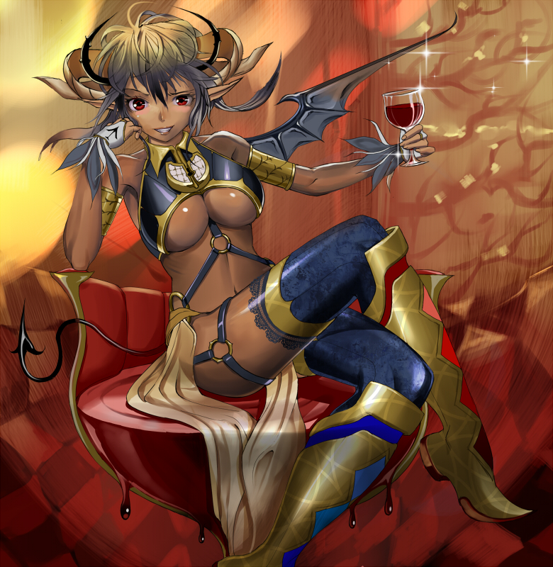 arm_support bare_shoulders boots breasts bridal_gauntlets crossed_legs cup dark_skin demon_girl demon_tail demon_wings green_hair grin horns knee_boots lace lace-trimmed_thighhighs lace_legwear legs legs_crossed original pointy_ears raised_eyebrow red_eyes shijima_(tanfn) short_hair single_wing sitting smile solo tail thigh-highs thighhighs under_boob underboob uneven_eyes wine wine_glass wings