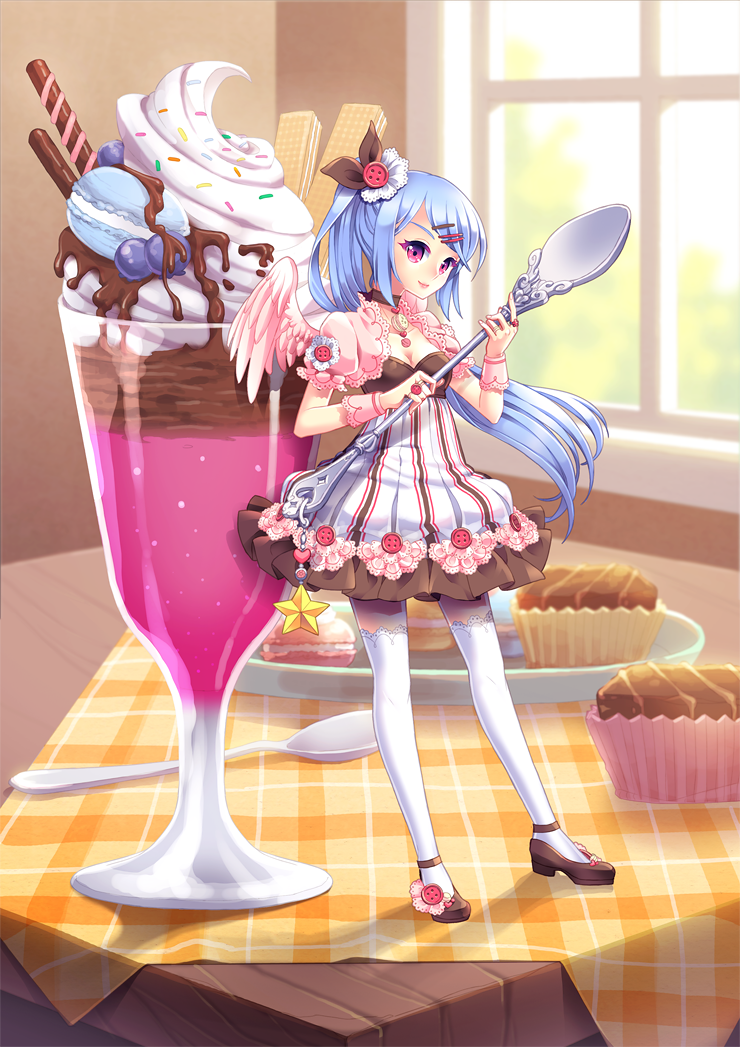 angel_wings blue_hair chocolate frills full_body hair_ornament hairclip heart holding jewelry lace lace-trimmed_thighhighs lolita_fashion long_hair minigirl original parfait pink_eyes plaid ring saban shoes side_ponytail spoon star striped sweets thighhighs waffle waffle_(food) white_legwear window wings wrist_cuffs zettai_ryouiki
