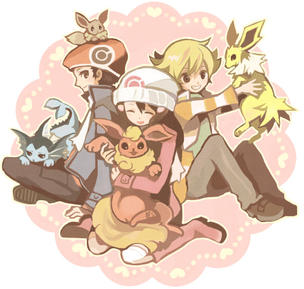 2boys beanie beret black_hair blonde_hair eevee flareon hair_ornament hat hikari_(pokemon) holding jolteon jun_(pokemon) kouki_(pokemon) multiple_boys pokemon pokemon_(game) pokemon_dppt scarf sitting smile tasuku_(pixiv90455) vaporeon winter_clothes