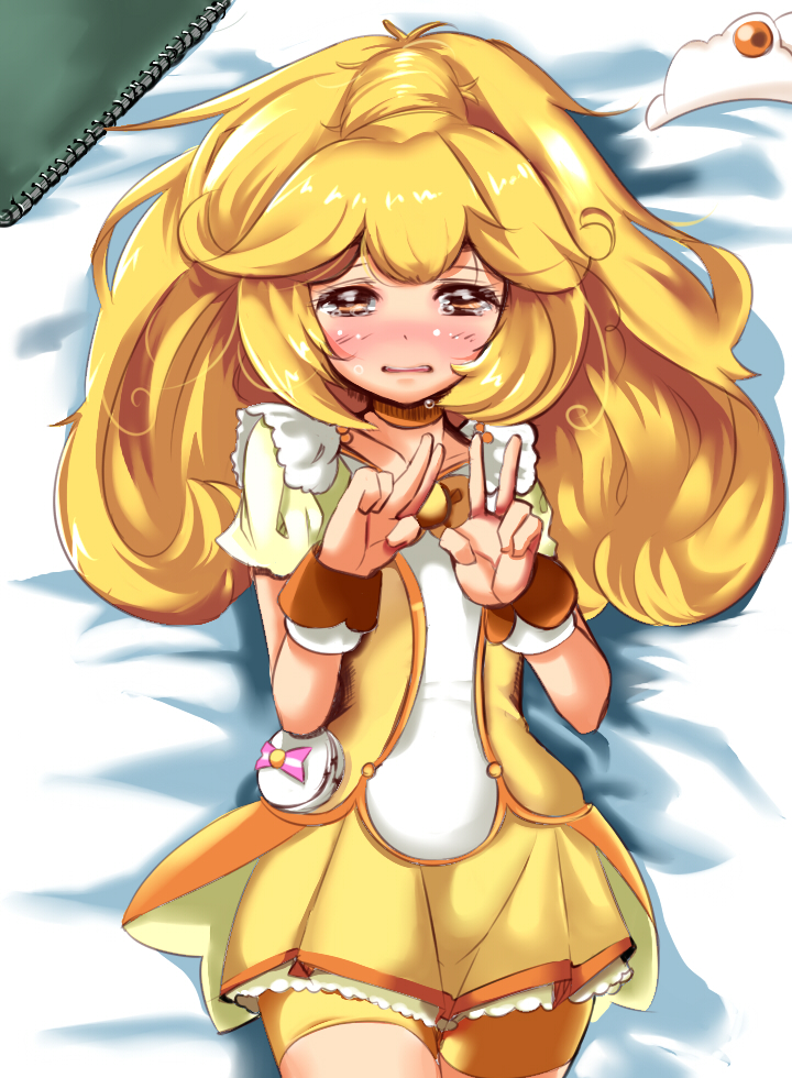 1girl bed bike_shorts blonde_hair blush cure_peace dress highres kise_yayoi long_hair looking_at_viewer lying magical_girl on_back on_bed ponytail precure shorts_under_skirt smile_precure! solo soo tears tiara v wrist_cuffs yellow_bike_shorts yellow_dress yellow_eyes
