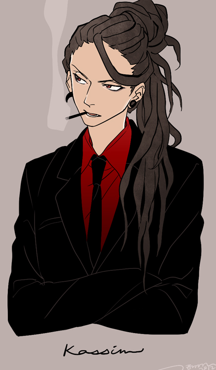 brown_eyes brown_hair cigarette crossed_arms earrings formal jewelry kassim long_hair magi_the_labyrinth_of_magic male necktie signature simple_background smoke smoking solo suit temari114