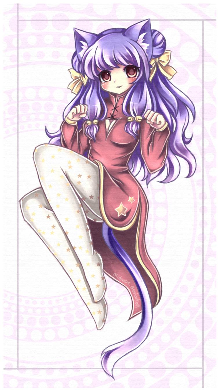 animal_ears breasts cat_ears cat_tail china_dress chinese_clothes double_bun highres long_hair midna01 pantyhose purple_hair ranma_1/2 red_eyes shampoo_(ranma_1/2) solo tail