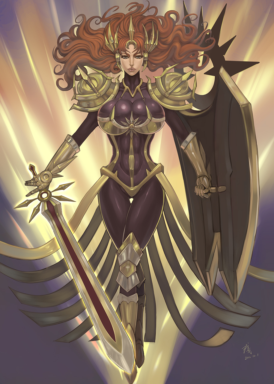 armor blue_eyes bodysuit boots breasts brown_hair curvy forehead_protector gauntlets highres huge_breasts league_of_legends leg_armor leona_(league_of_legends) long_hair sainticon shield signature skin_tight solo sword weapon