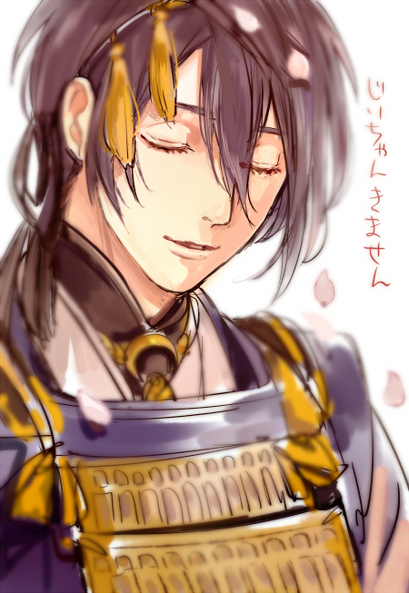 1boy black_hair blurry bust cherry_blossoms closed_eyes face ichinose777 japanese_clothes male_focus mikazuki_munechika sketch solo touken_ranbu translation_request white_background