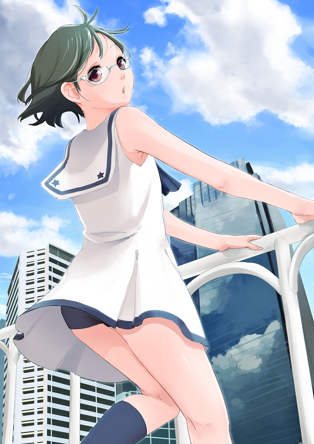 1girl :o black_hair building city clouds glasses looking_at_viewer looking_back looking_down matome open_mouth original railing reflection sailor_dress short_hair sky sleeveless socks solo upskirt violet_eyes wind
