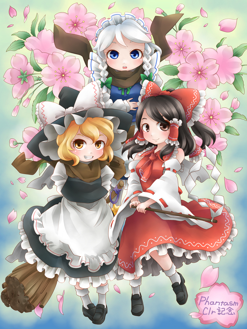 apron arms_behind_back ascot black_hair blonde_hair blue_eyes blue_hair braid broom brown_eyes detached_sleeves flower gohei hair_tubes hakurei_reimu hand_on_own_chest hat hat_ribbon holding izayoi_sakuya kirisame_marisa loafers long_hair long_sleeves looking_at_viewer maid_headdress multiple_girls open_mouth perfect_cherry_blossom ribbon scarf shoes silver_hair smile socks tahwnacl touhou twin_braids yellow_eyes