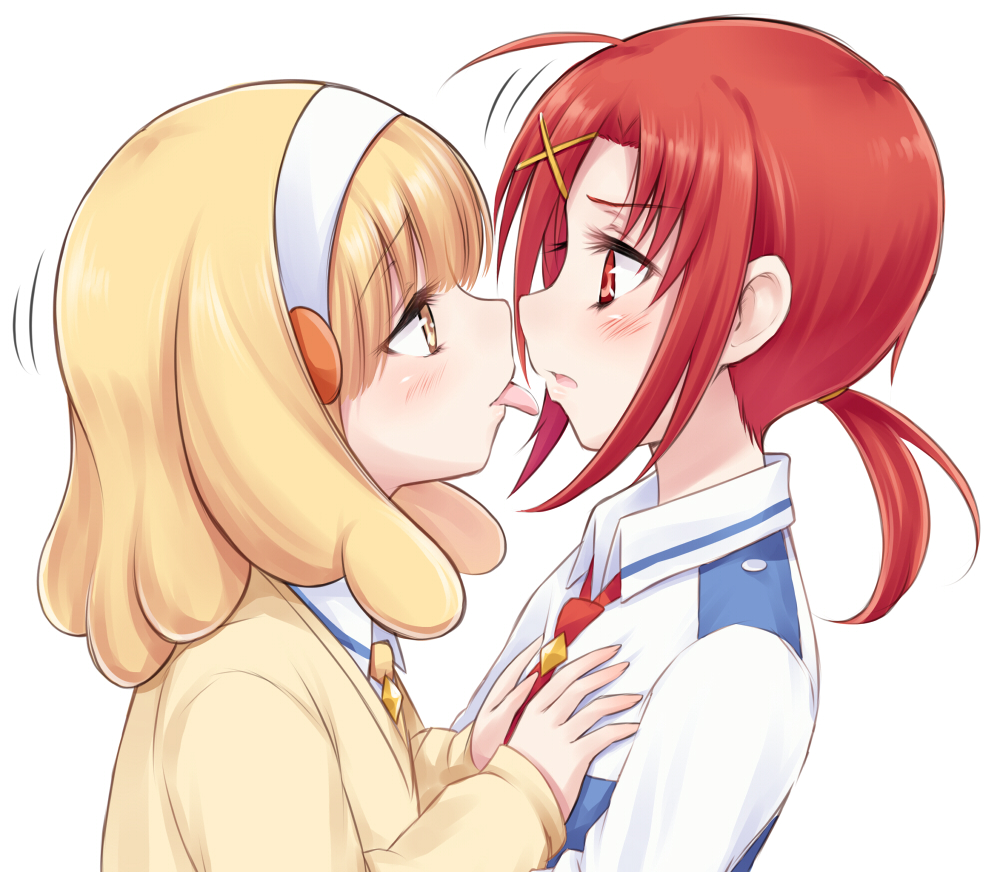 blonde_hair blush commentary_request hairband hands_on_another's_chest hands_on_another's_chest hino_akane kise_yayoi multiple_girls necktie ponytail precure red_eyes red_hair redhead side simple_background smile_precure! suzushiro_yukari tongue tongue_out white_background yellow_eyes yuri