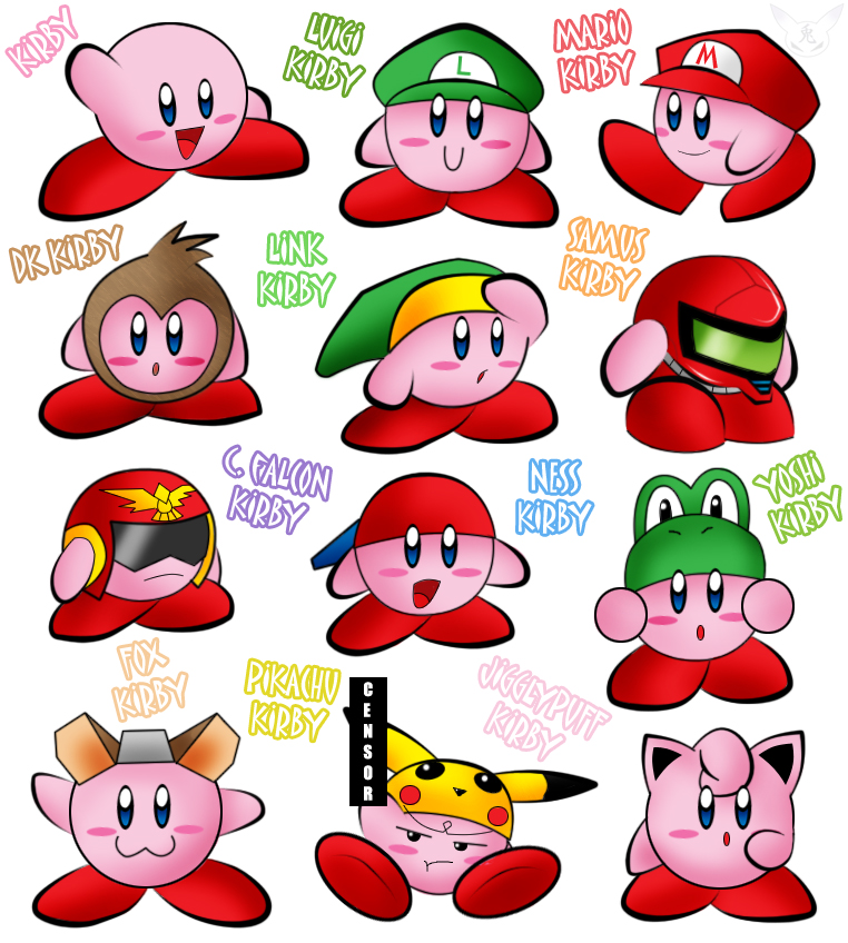 :3 :d :o arm_up backwards_hat baseball_cap blue_eyes blush_stickers censored character_name company_connection donkey_kong donkey_kong_(series) fake_censor fox_mccloud hat jigglypuff kirby kirby_(series) link looking_at_viewer looking_away luigi mario metroid mother_(game) mother_2 ness nina nintendo no_humans open_mouth pikachu pokemon samus_aran simple_background smile star_fox super_mario_bros. super_smash_bros. the_legend_of_zelda white_background yoshi zero_suit