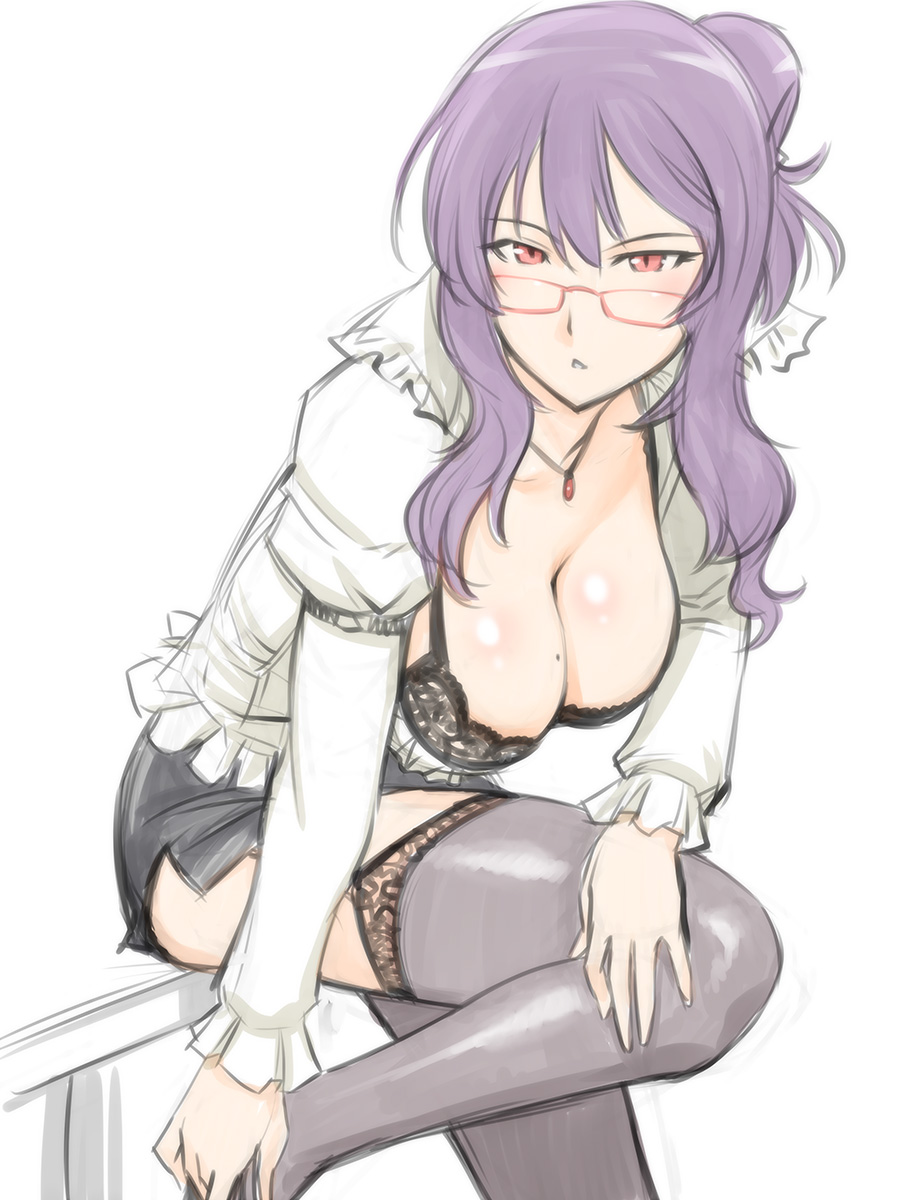 :&lt; black_bra black_legwear blush bra breasts cleavage frills garter_straps glasses hair_ornament highres jewelry lace-trimmed_bra large_breasts long_hair looking_at_viewer mole mole_on_breast necklace open_mouth original purple_hair red-framed_glasses red_eyes senran_kagura senran_kagura_burst senran_kagura_shinovi_versus shoes short_hair simple_background skirt solo suzune_(senran_kagura) thigh-highs thighhighs ueyama_michirou underwear white_background