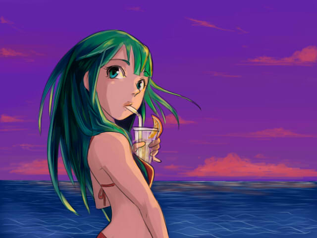 beach bikini cup drinking feena grandia grandia_i green_hair lio_(lune24) looking_back ocean solo swimsuit