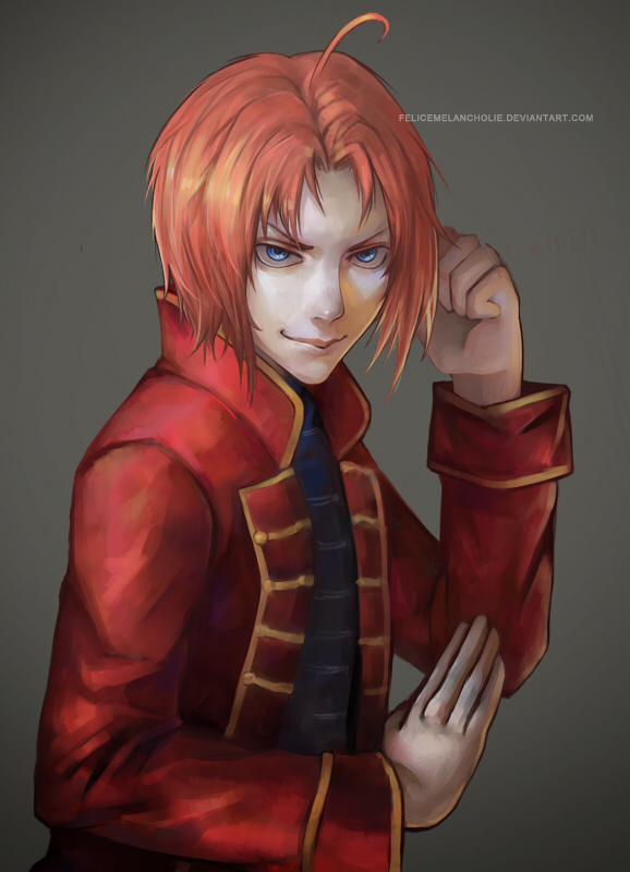 blue_eyes braid evil_grin evil_smile felice fighting_stance gintama grey_background grin jacket kamui long_hair realistic red_hair red_jacket redhead signature single_braid smile solo
