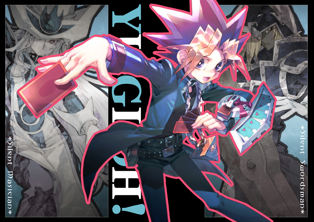 3boys :d belt blonde_hair blush border card duel_disk duel_monster furikawa_arika holding multicolored_hair mutou_yuugi open_mouth outline outstretched_arm playing_card silent_magician silent_swordsman smile solo spiked_hair spiky_hair title_drop yu-gi-oh! yuu-gi-ou yuu-gi-ou_duel_monsters