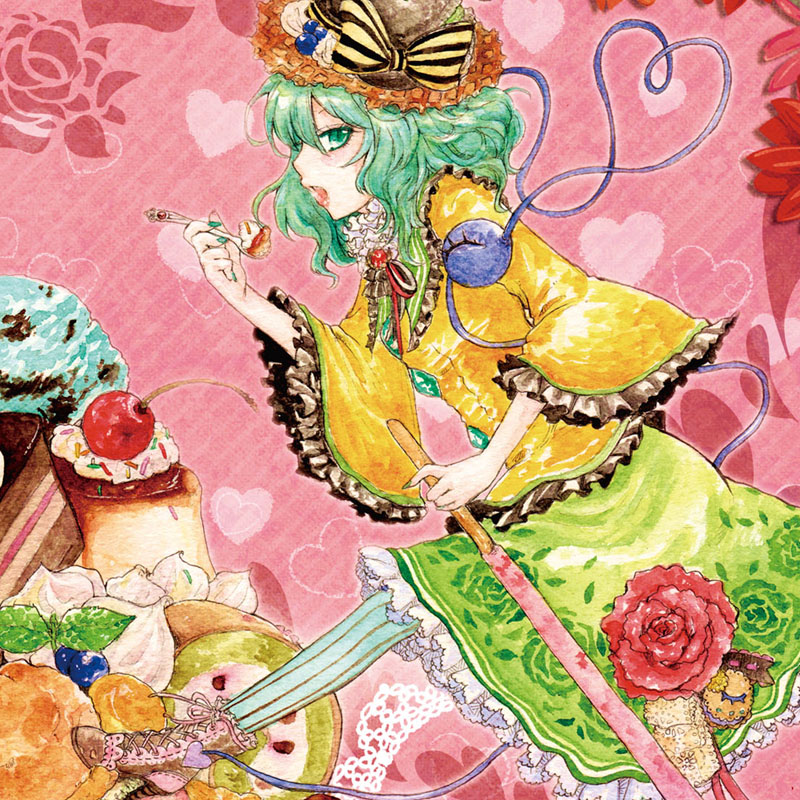 boots cake carnation cherry eating flower food food_as_clothes food_themed_clothes frills fruit green_eyes green_hair h_sakray heart heart_of_string ice_cream komeiji_koishi open_mouth pastry pocky sakurai_haruto skirt solo spoon sprinkles striped striped_legwear third_eye touhou vertical-striped_legwear vertical_stripes waffle whipped_cream wide_sleeves